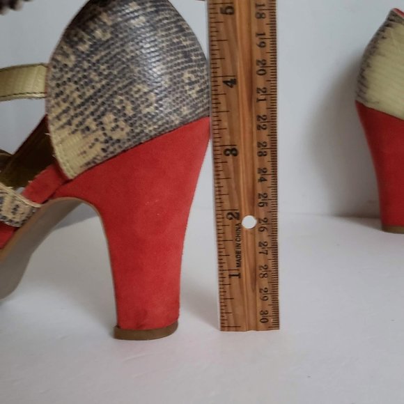 FARYLROBIN Leather Snakeskin Coral Red Suede Peep Toe Heels Anthropologie - Picture 15 of 15